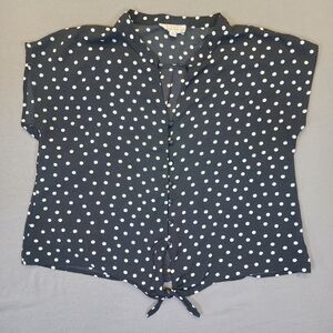​Pink Rose Polka Dot Tie Front Blouse XL Black White Cropped Button Down Retro